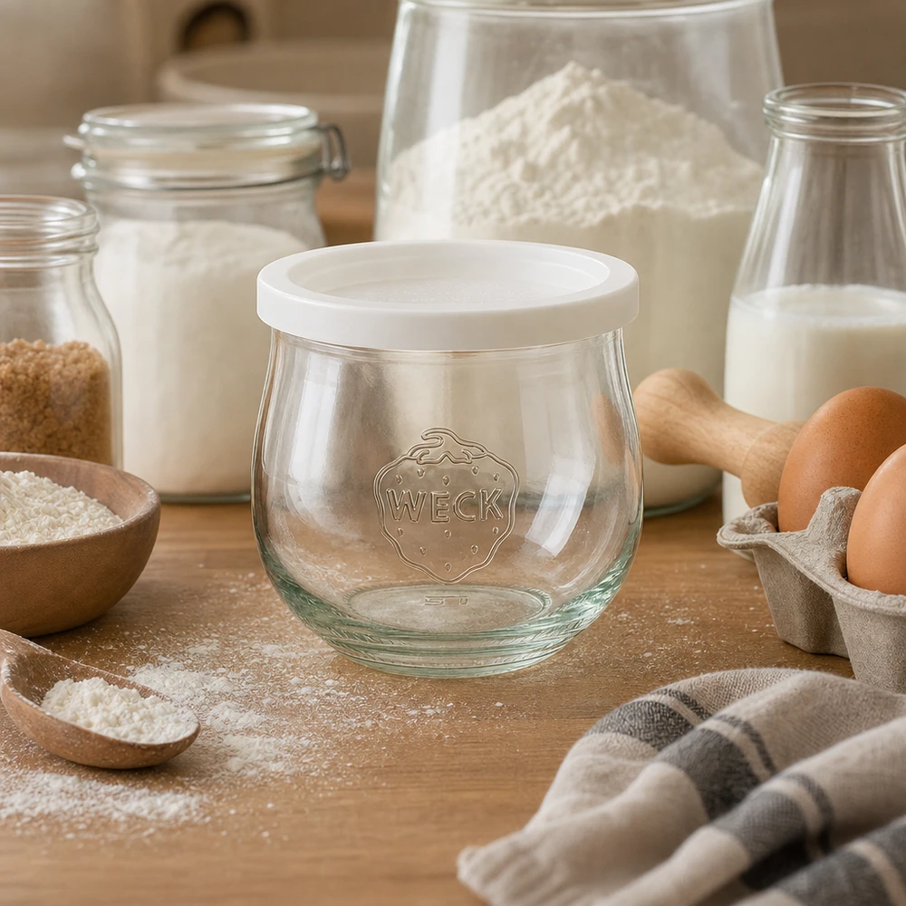 Słoik w kształcie tulipana o pojemności 370 ml z pokrywką zachowującą świeżość WECK RR80 Słoik WECK tulipan 370ml RR80 ze świeżą pokrywką w scenie pieczenia z mąką, jajkami i mlekiem na drewnianym blacie kuchennym