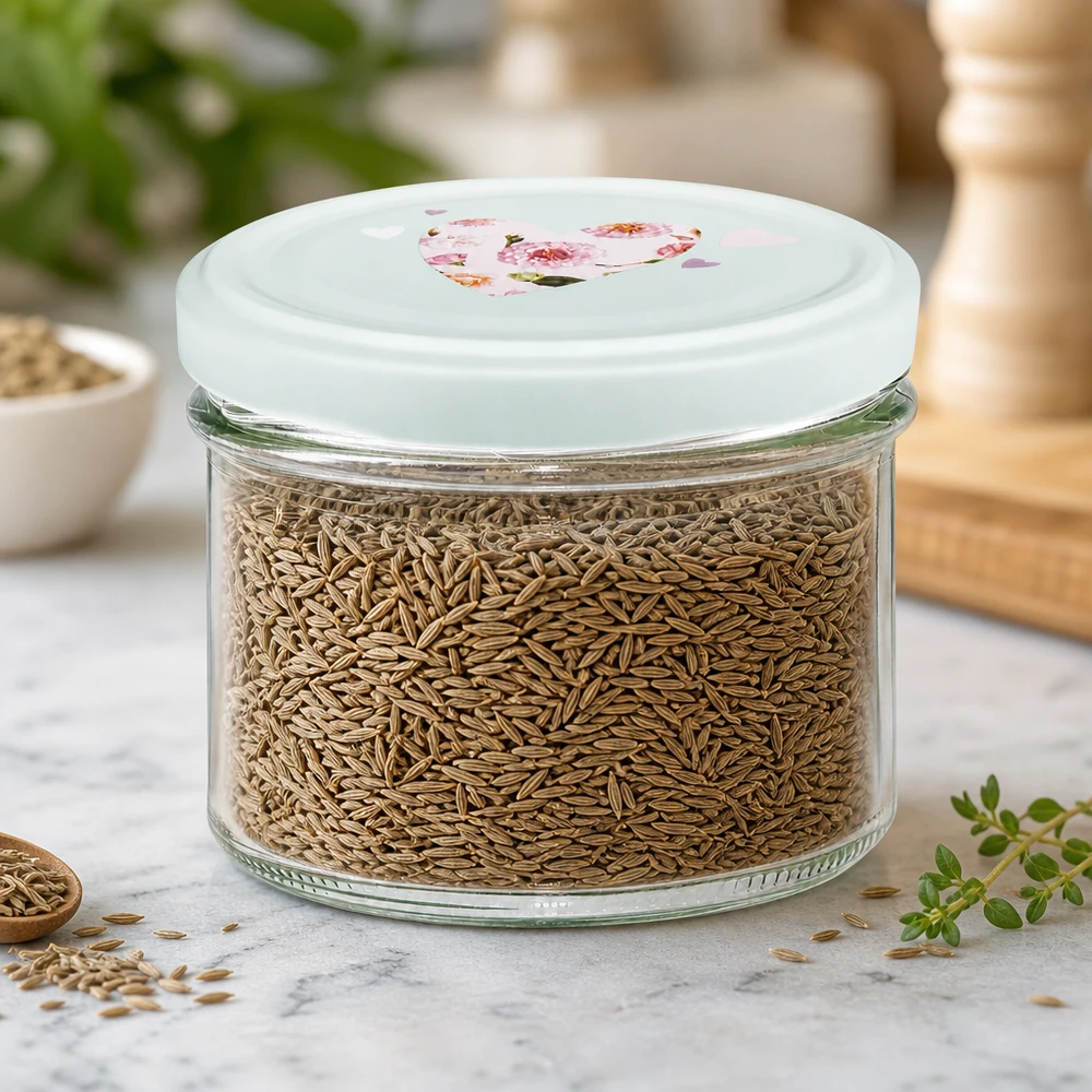 225 ml miętowy słoik BasicSeal z pokrywką wypełniony kminkiem dla optymalnego przechowywania przypraw i ziół