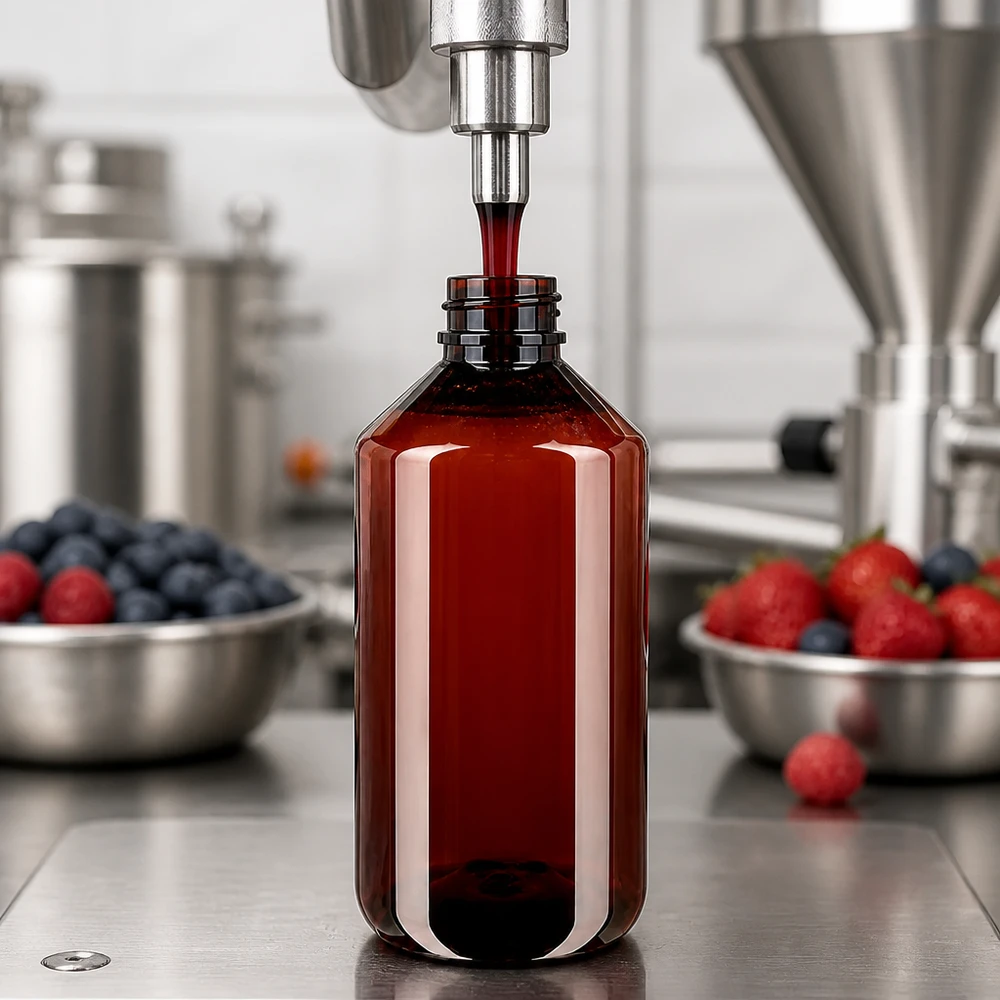 Brązowa butelka PET o pojemności 750 ml jest napełniana maszynowo ekstraktem z czerwonych owoców