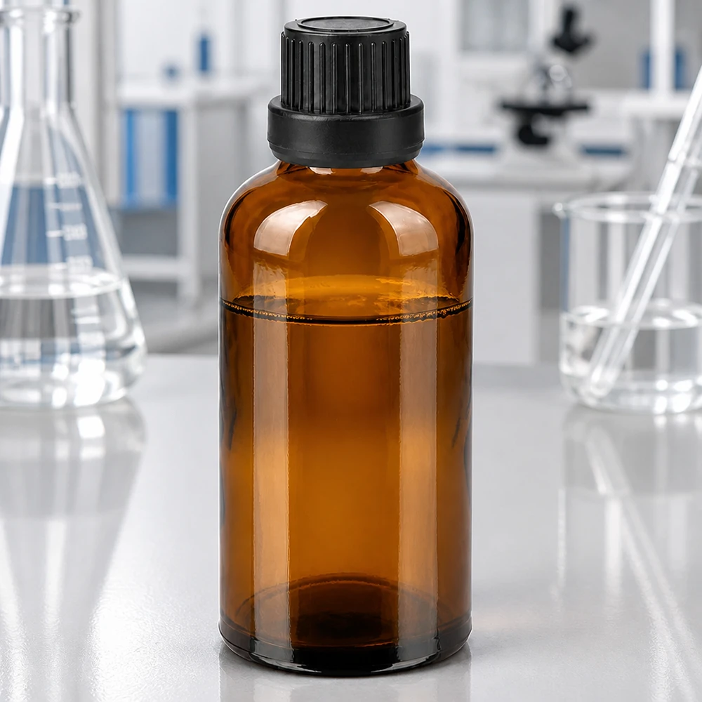 Butelka 50 ml 11 mm SV czarna OV BrownLine UT18/50 Testowana laboratoryjnie butelka z bursztynowego szkła o pojemności 50 ml z gwintem 11 mm SV w kolorze czarnym do zastosowań farmaceutycznych