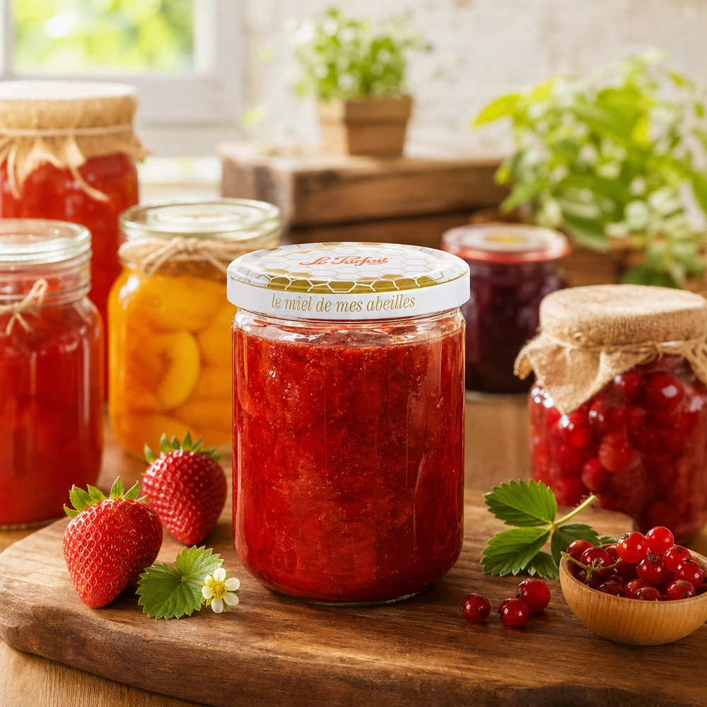 Słoik do przechowywania miodu Le Parfait 212 ml wypełniony czerwoną konfiturą obok świeżych truskawek i innych słoików na przetwory