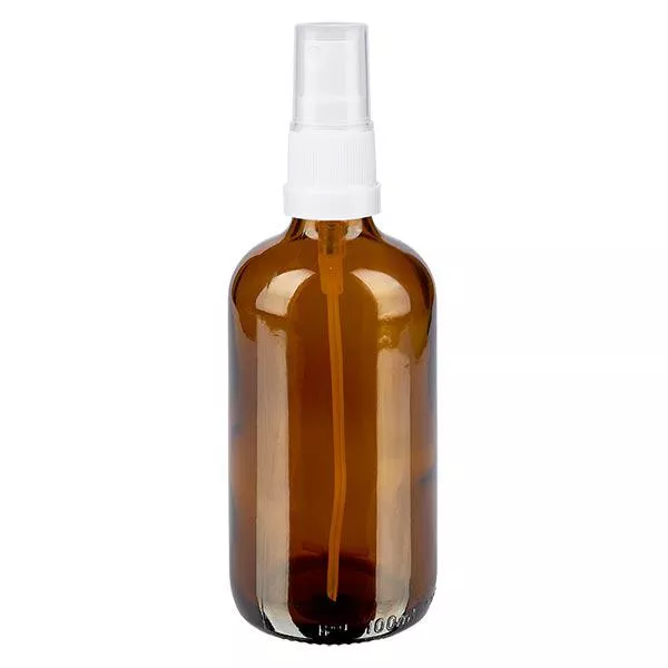 Butelka apteczna brązowa 100ml nasadka spray biała Butelka apteczna brązowa 100ml nasadka spray biała
