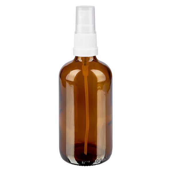 Butelka apteczna brązowa 100ml nasadka spray biała Butelka apteczna brązowa 100ml nasadka spray biała