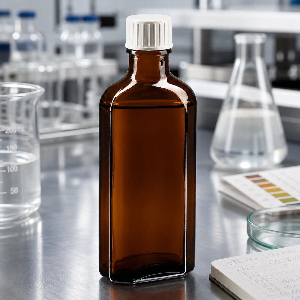 Osłona przeciwsłoneczna do butelki Meplat o pojemności 100 ml, wykonana z brązowego szkła z białym zakrętkiem, na stoliku ze stali nierdzewnej