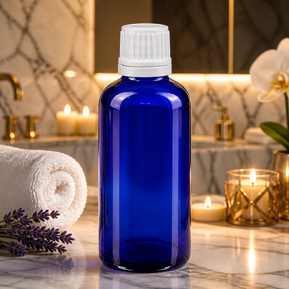 Butelka apteczna niebieska 50ml zakrętka biała OV Niebieska szklana butelka o pojemności 50 ml z białym zamknięciem zabezpieczającym przed dziećmi w luksusowej łazience