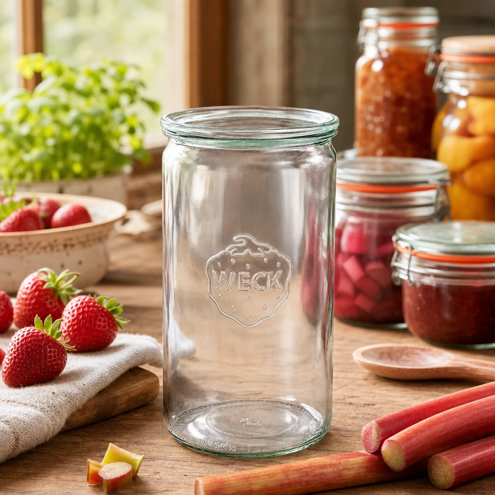 Słoik cylindryczny 1590 ml ze szklaną pokrywką WECK RR100 WECK słoik do przetworów 1590ml w rustykalnej kuchni ze słoikami na dżem truskawki rabarbar akcesoria kuchenne szklana pokrywka