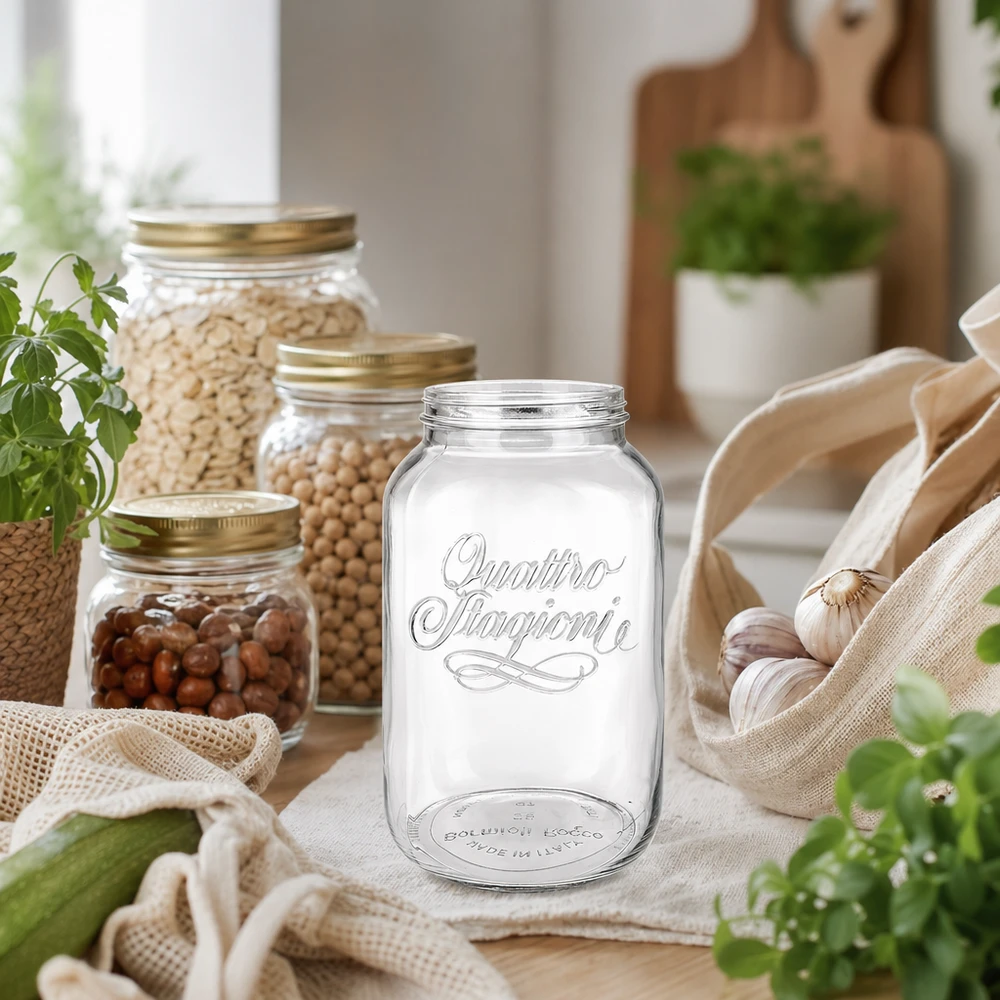 Szkło gospodarcze "Quattro Stagioni" o pojemności 3800 ml Słoik domowy Quattro Stagioni 3800 ml do przechowywania żywności w rustykalnej kuchni ze słoikami do przechowywania