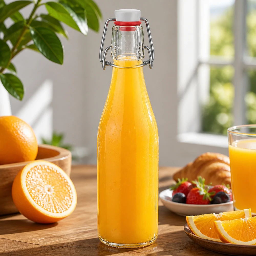 250 ml szklana butelka z uchylnym wieczkiem wypełniona sokiem pomarańczowym, dekoracyjna scena kuchenna ze świeżymi pomarańczami i jagodami
