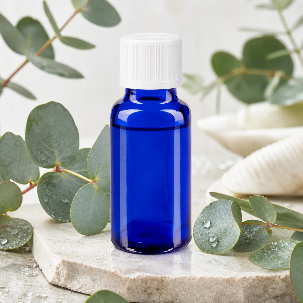 Butelka apteczna niebieska 20ml zakrętka biała KiSi St Niebieska buteleczka apteczna o pojemności 20 ml z białym zamknięciem zabezpieczającym przed dziećmi, ustawiona na kamieniu naturalnym z gałązkami eukaliptusa
