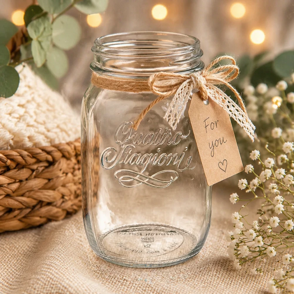 Słoik gospodarczy 1000 ml „Quattro Stagioni” Szkło gospodarcze Quattro Stagioni 1000 ml z rustykalną dekoracją i zawieszką For You na naturalnym tle