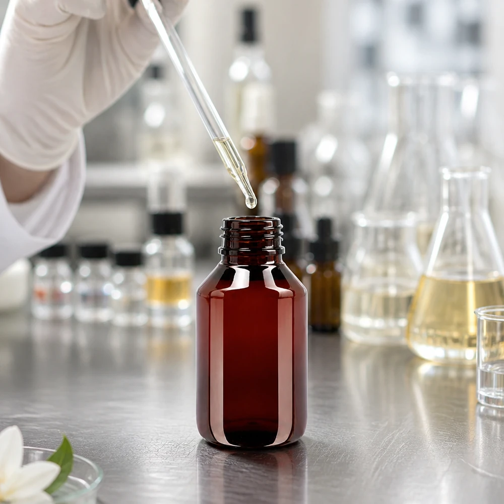 Butelka PET 50 ml z czarną nakrętką OV Schlanke 50ml PET Flasche bernsteinfarben mit Schraubgewinde und OV für Heilpflanzenöle