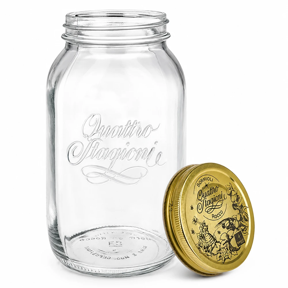 Słoik okrągły 1500 ml „Quattro Stagioni” z pokrywką Słoik na przetwory Quattro Stagioni 1500 ml z oddzielną złotą pokrywką, widok szczegółowy Włoski słoik na przetwory