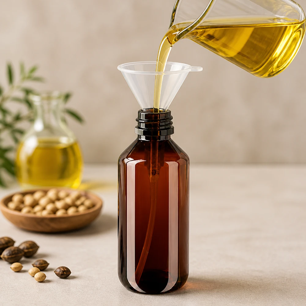 Butelkę PET o pojemności 200 ml w kolorze bursztynowym napełnia się żółtym olejem roślinnym za pomocą lejka