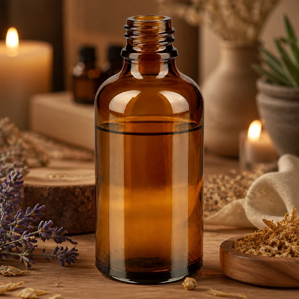 50ml brązowa butelka apteczna ApoGlas z olejkami eterycznymi aromaterapia atmosfera świece lawenda spa wellness