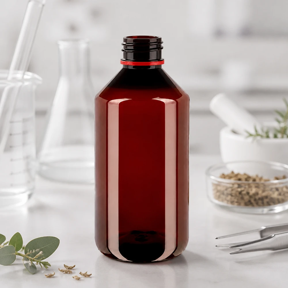 Pusta brązowa butelka PET o pojemności 750 ml z czerwonym zamknięciem zabezpieczającym na białym blacie laboratoryjnym