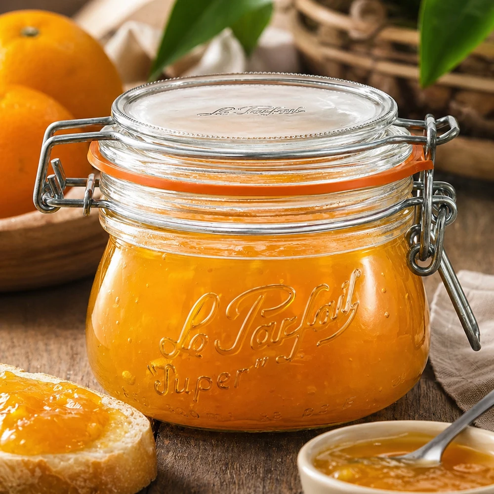 Słoik do przechowywania Le Parfait Super o pojemności 250 ml z uchylną pokrywką wypełniony marmoladą pomarańczową na drewnianym stole ze świeżymi pomarańczami