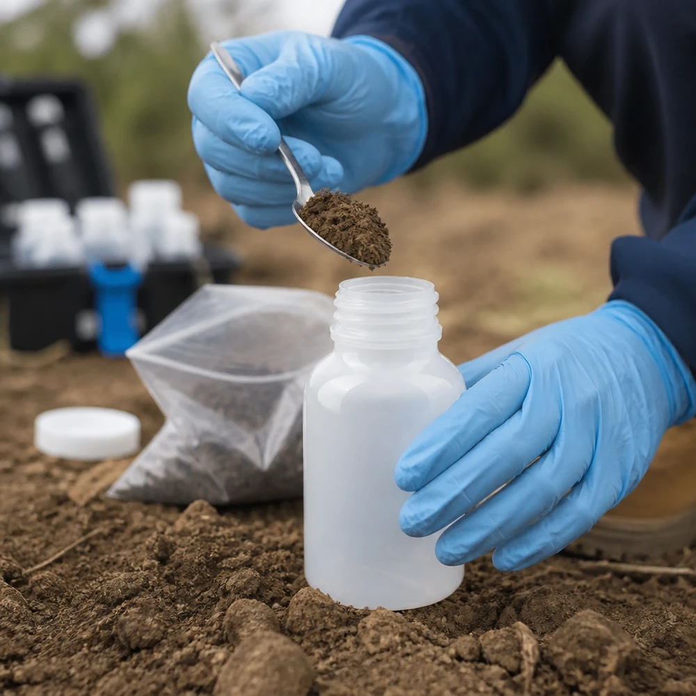 Pobieranie próbek w terenie za pomocą 100 ml butelki laboratoryjnej z szeroką szyjką, wykonanej z wytrzymałego tworzywa sztucznego, przeznaczonej do analiz gleby