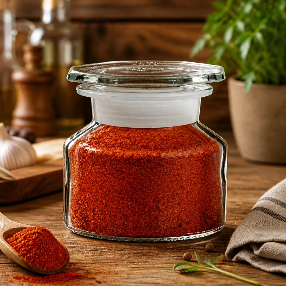 Mała butelka z wypukłą przednią ścianką i szeroką szyjką, pojemność 50 ml, z czerwoną papryką w proszku na drewnianym stole