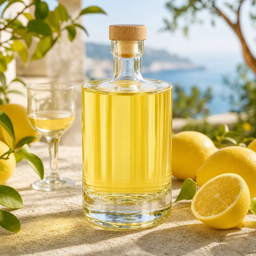 Butelka szklana 500 ml 500ml Glasflasche "Marie" mit Holzgriff-Korken UNiTWIST z drewnianym korkiem UNiTWIST® Glasflasche Marie befüllt mit gelbem Likör neben Zitronen - stilvolle Präsentation für Limoncello und Spirituosen