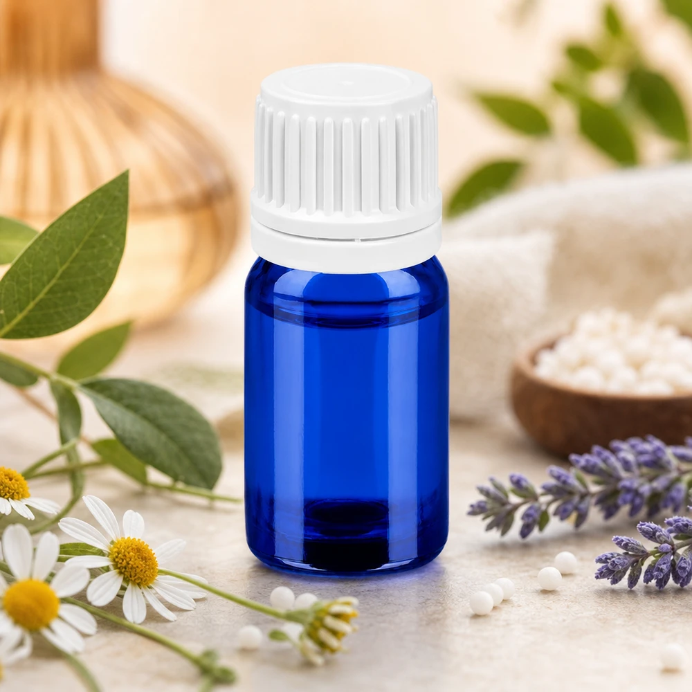 Butelka 5 ml 11 mm SV biała OV BlueLine UT18/5 Wysokiej jakości szklana butelka o pojemności 5 ml w kolorze kobaltowego błękitu z białą zakrętką zabezpieczającą przed dziećmi.