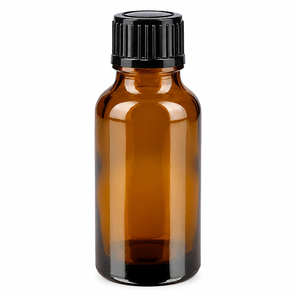 20 ml brązowa szklana buteleczka z czarną zakrętką do kropli, wykonana ze szkła aptecznego