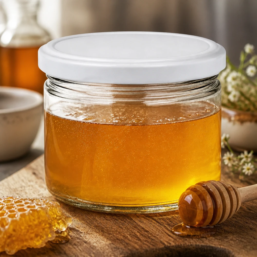 Słoik okrągły 540 ml z pokrywką BasicSeal biała UNiTWIST 540ml Rundglas BasicSeal weiß gefüllt mit goldenem Honig neben Bienenwabe - hochwertiges Glas für Imkerei-Produkte