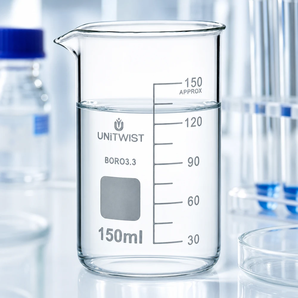 Zlewka 150 ml borokrzemianowa, wysoka UNITWIST Szklanka UNITWIST o pojemności 150 ml, wysoka, wykonana ze szkła borokrzemowego 3.3, z wyraźną skalą mililitrową na białym tle