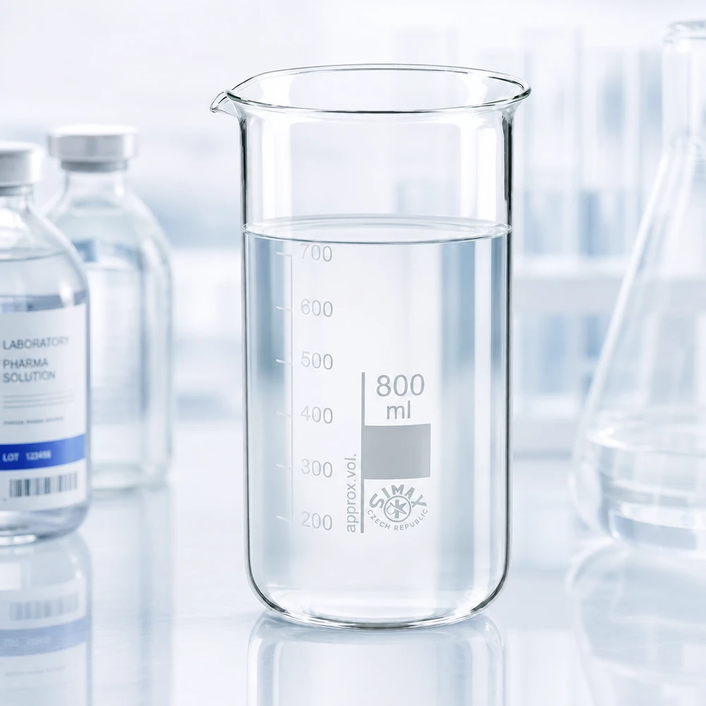 Zlewka 800 ml ze szkła borokrzemowego, wysoka Szklanka o pojemności 800 ml, wysoka, wykonana z przezroczystego szkła borokrzemowego, wypełniona klarownym płynem do poziomu 650 ml
