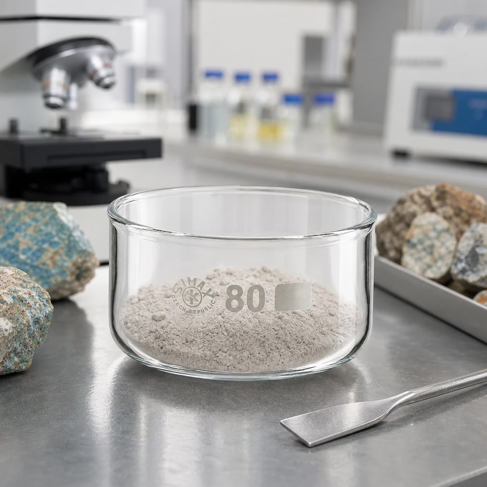 Szaro-biały proszek mineralny w miseczce krystalizacyjnej SIMAX o pojemności 150 ml, wykonanej ze szkła borokrzemowego, laboratoryjna, średnica 80 mm