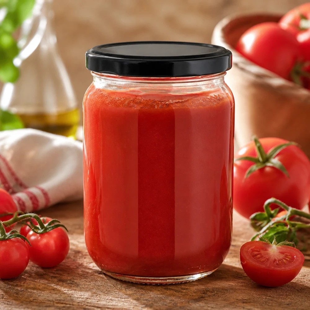 Okrągły słoik UniTwist o pojemności 555 ml z czarną pokrywką BasicSeal, wypełniony domowym sosem pomidorowym