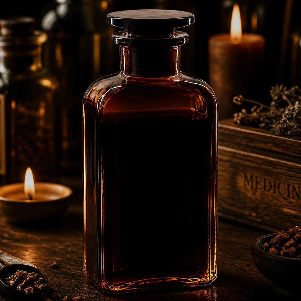 Kwadratowa butelka 250 ml z brązową szeroką szyjką i szklanym korkiem Brązowa, kwadratowa butelka szklana o pojemności 250 ml z korkiem, przeznaczona do nalewek ziołowych i produktów medycyny naturalnej