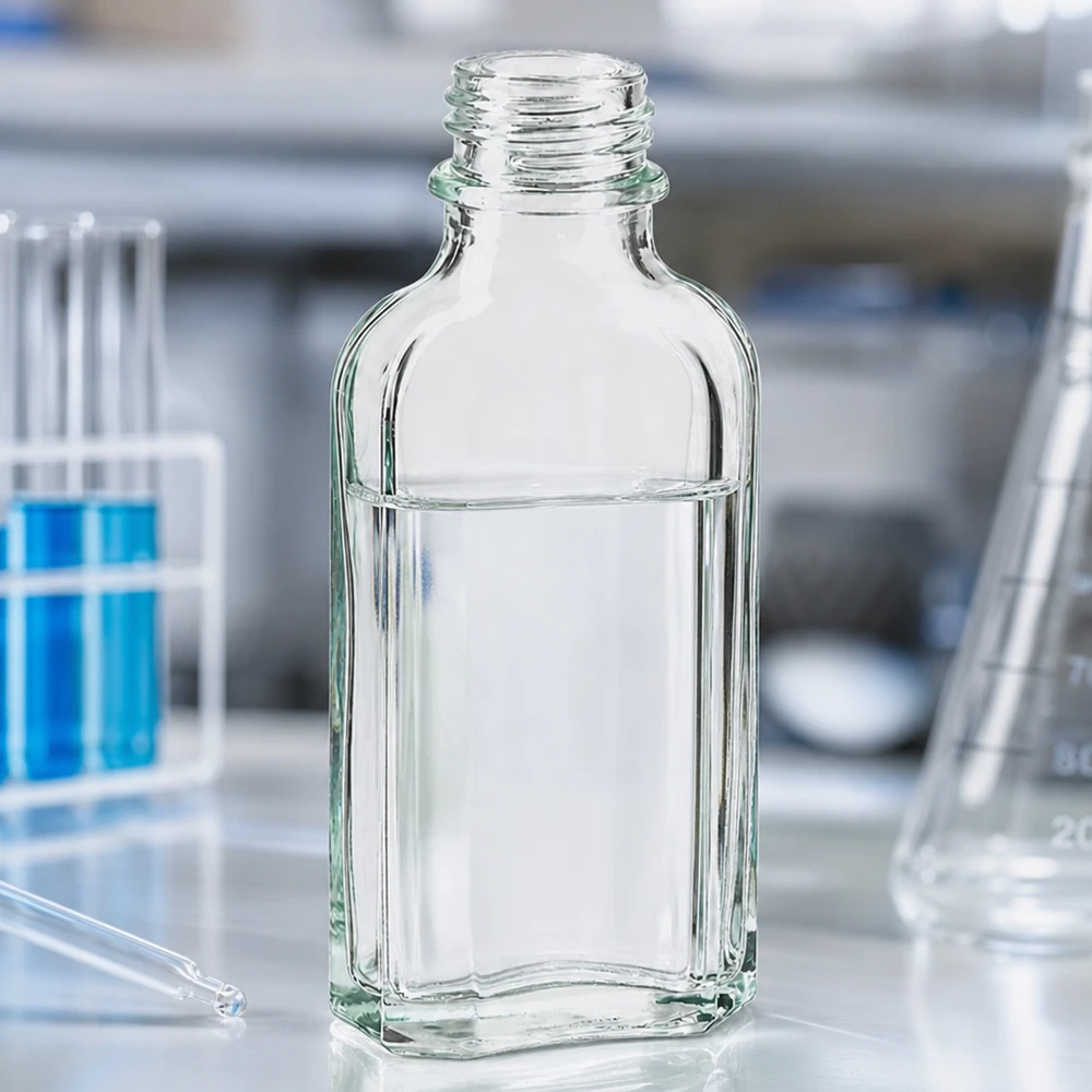Płaska, przezroczysta butelka typu Meplat o pojemności 50 ml, z gwintem DIN22, wypełniona w połowie przezroczystym płynem