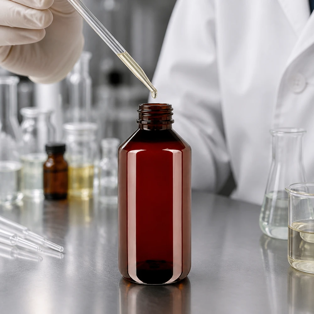 Laborant napełnia brązową butelkę PET o pojemności 1000 ml za pomocą pipety w profesjonalnym laboratorium