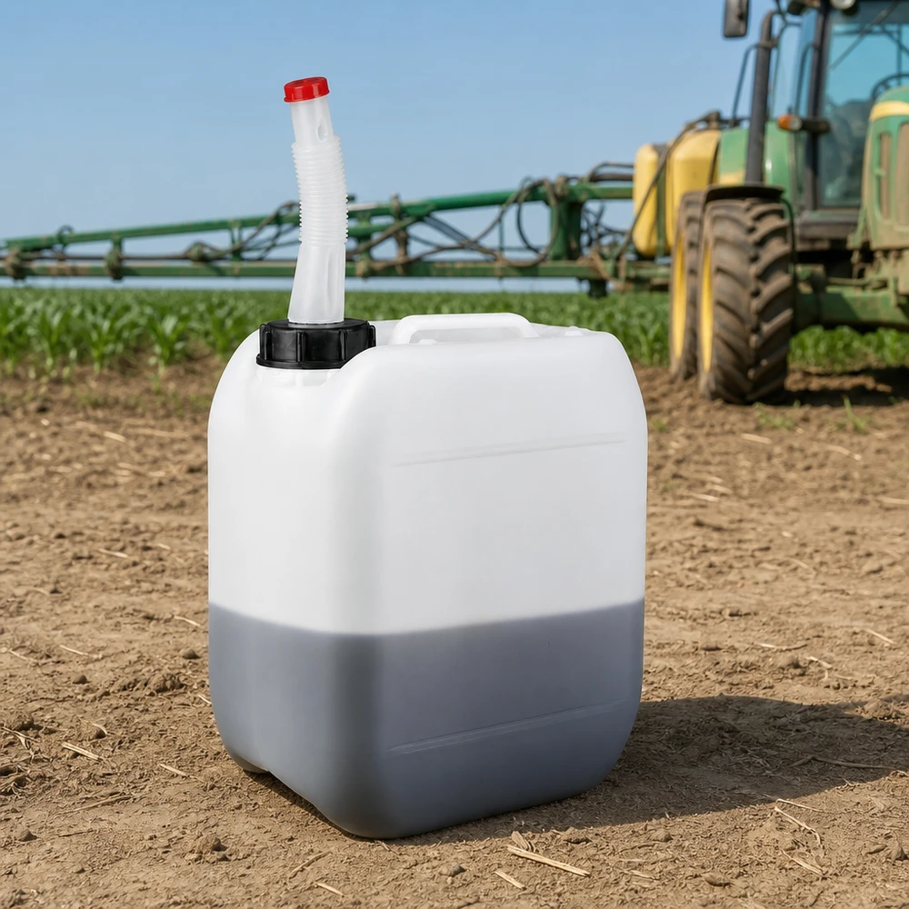 Kanister rolniczy o pojemności 5 litrów z elastyczną rurką wylotową obok ciągnika John Deere z opryskiwaczem polowym