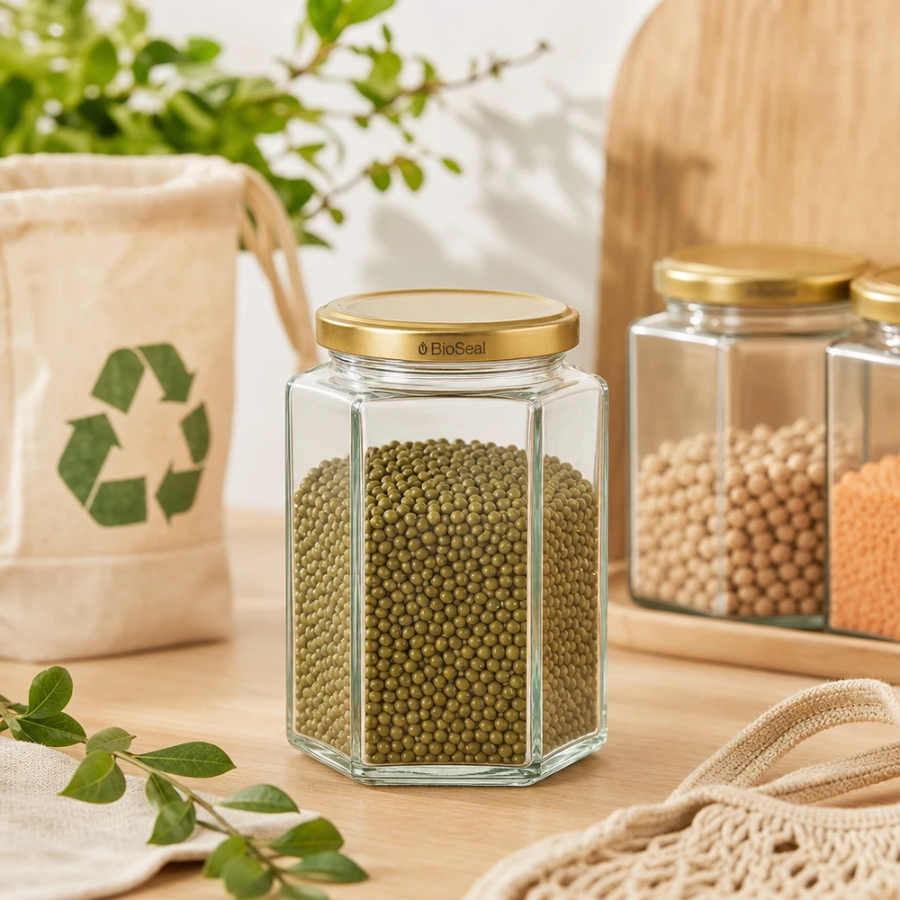 UNiTWIST Hexa390 ze złotym uszczelnieniem D. TO70 BioSeal Słoik UNiTWIST Hexa390 z pokrywką BioSeal do przechowywania fasoli mung w zrównoważonej kuchni z recyklingiem