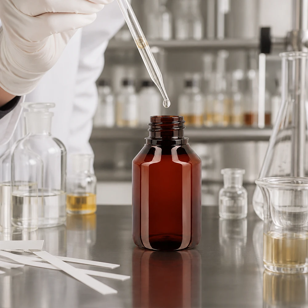 Butelka PET 50 ml z białą nakrętką typu flip-top. Kompaktowa brązowa butelka PET o pojemności 50 ml z bezpiecznym zamknięciem na zatrzask, przeznaczona do zastosowań laboratoryjnych