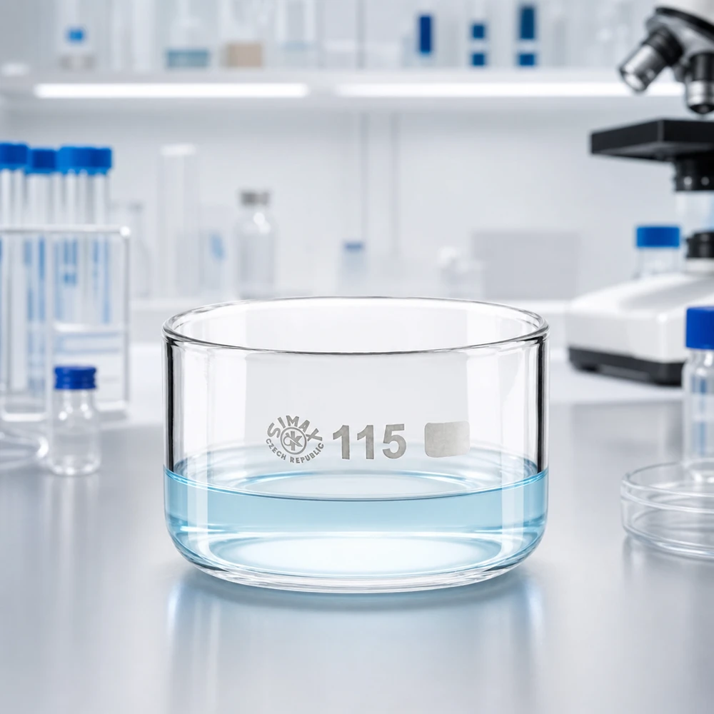 Miska krystalizacyjna SIMAX o pojemności 500 ml, wypełniona czystą wodą, przed mikroskopem w nowoczesnym laboratorium