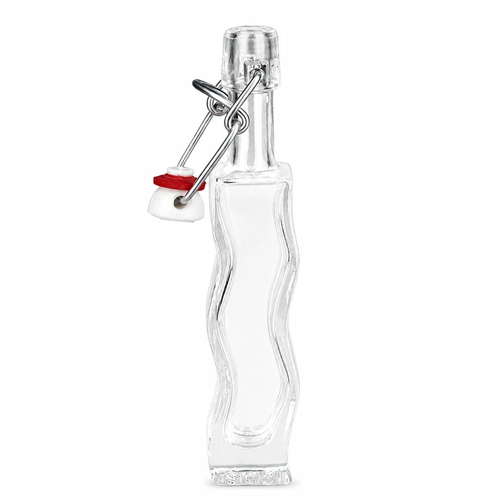 Szklana butelka Fila 40 ml z zamknięciem z PVC UNiTWIST® 40 ml szklana butelka Anna z czerwoną gumową uszczelką na korku obrotowym, szczegółowy widok z boku zakrzywionego kształtu