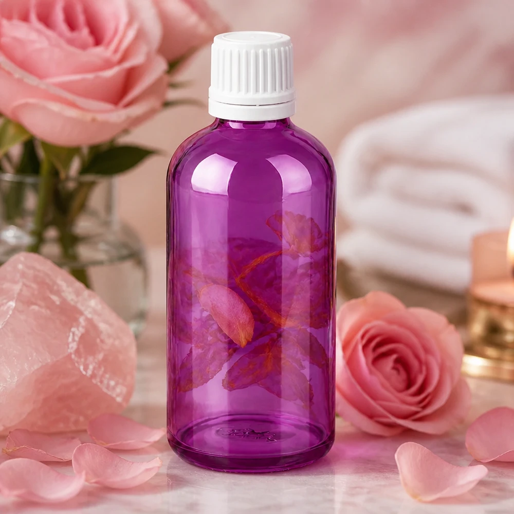 Butelka 100 ml z zakrętką 11 mm biała Oryginalna zakrętka PurpleLine UT18/100 Wysokiej jakości butelka kosmetyczna 100 ml w modnym fioletowym kolorze z bezpieczną białą zakrętką na serum