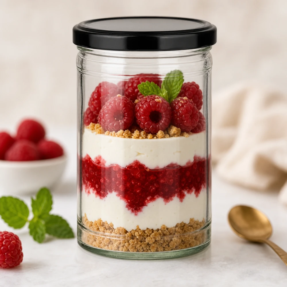 Słoik z pokrywką BasicSeal, 1053 ml, czarny UN.. 1053ml Sturzglas mit schwarzem Deckel als Dessertglas mit Himbeer-Schichtdessert und Keksboden dekoriert mit Minze