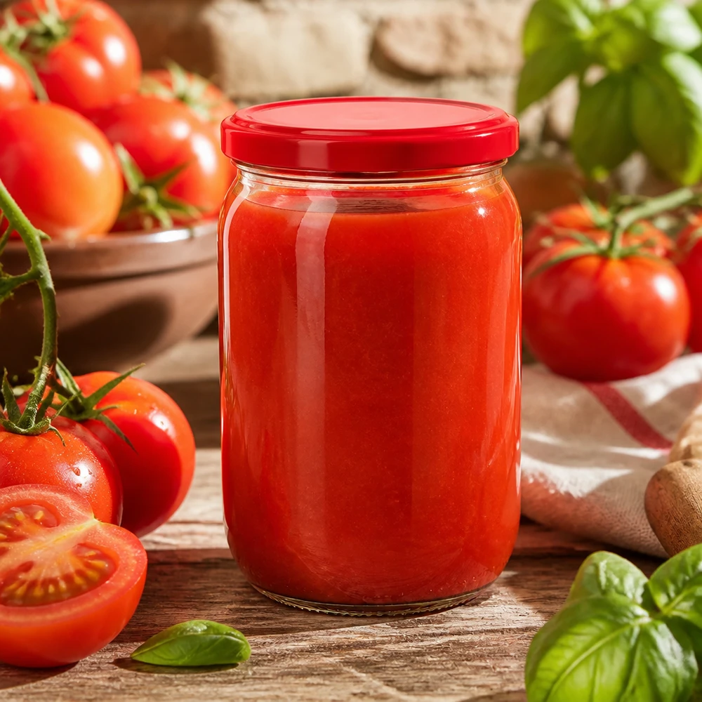 Okrągła szklanka 555 ml + pokrywka BasicSeal w kolorze czerwonym UNiTWIST Okrągła szklana butelka UNiTWIST o pojemności 555 ml z czerwoną pokrywką BasicSeal, wypełniona domowym sosem pomidorowym