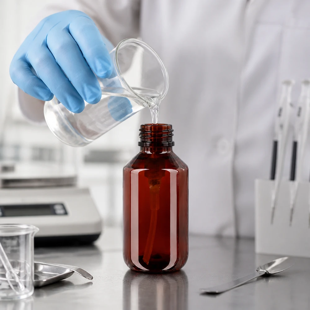 Farmaceuta napełnia przezroczystą cieczą bursztynową butelkę PET o pojemności 100 ml z czarną zakrętką