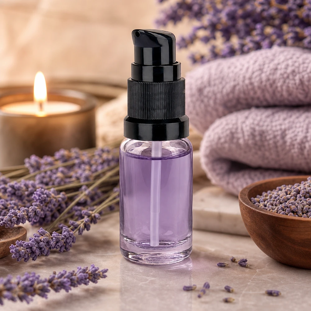 Kompaktowa butelka z pompką o pojemności 10 ml STD ClearLine UT18/10 z fioletowym serum wśród kwiatów lawendy