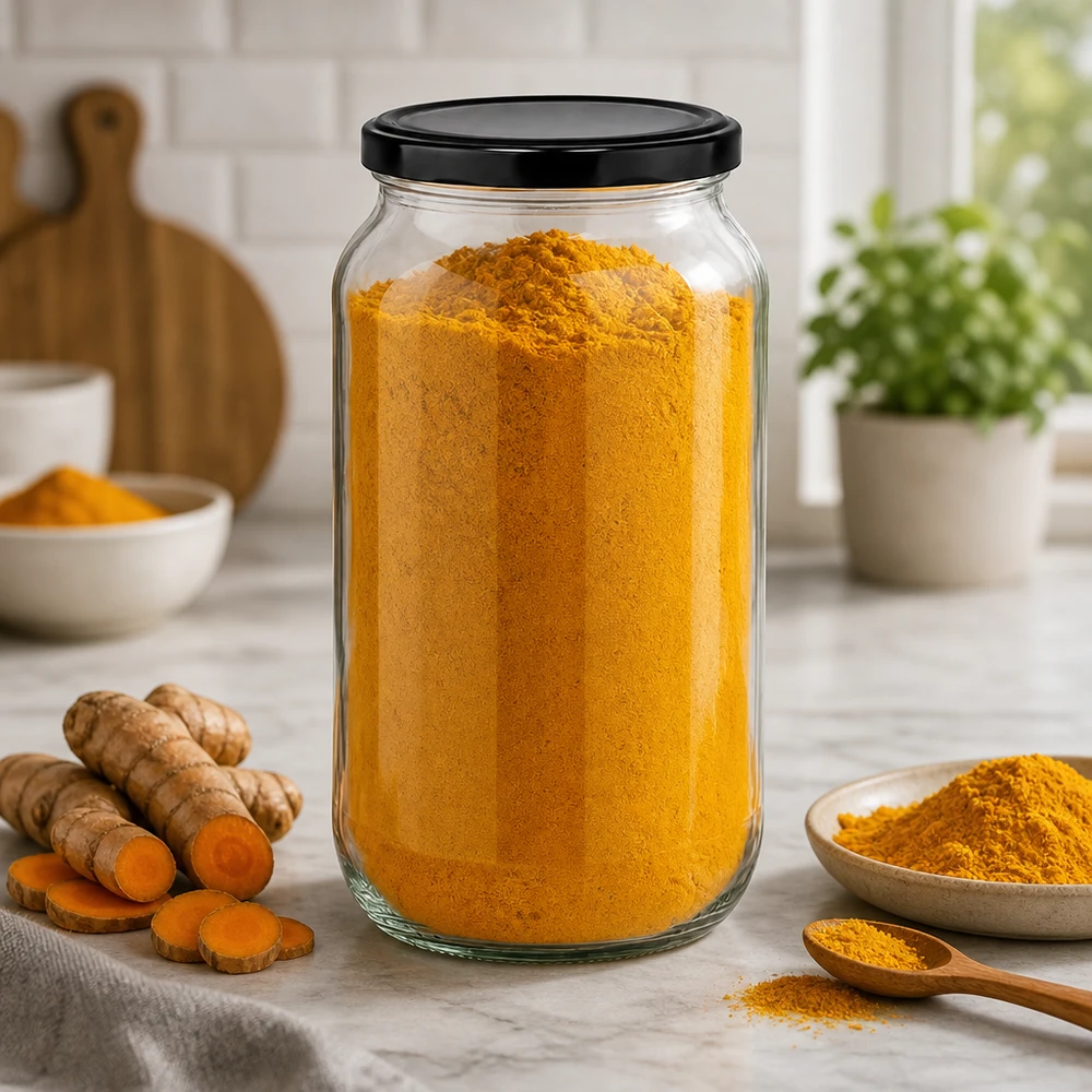 Słoik okrągły 1062 ml z pokrywką BasicSeal w kolorze czarnym UN.. 1062ml Rundglas gefüllt mit Kurkumapulver - praktische Gewürzaufbewahrung mit schwarzem BasicSeal Deckel in Küche