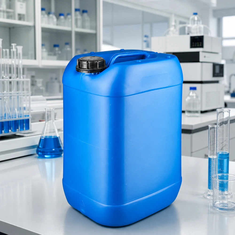 Kanister 25 litrów niebieski z zakrętką OV Prostokątny, niebieski kanister z tworzywa sztucznego o pojemności 25 l z czarnym zakrętką typu OV na stole laboratoryjnym