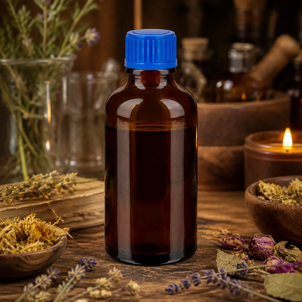 Mała szklana butelka o pojemności 50 ml w kolorze bursztynowym z niebieską nakrętką do precyzyjnego dozowania