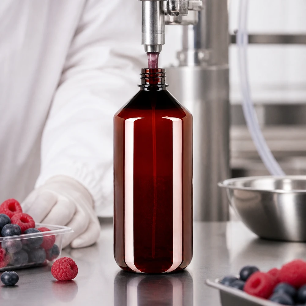 Brązowa butelka PET o pojemności 1 litra z rozpylaczem jest napełniana sokiem jagodowym w ramach produkcji spożywczej