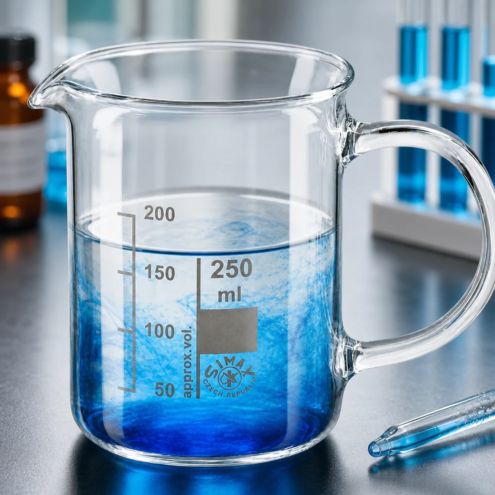 Zlewka laboratoryjna o pojemności 250 ml, wykonana ze szkła borokrzemowego, z uchwytem i niebieskim roztworem ułożonym w różne warstwy