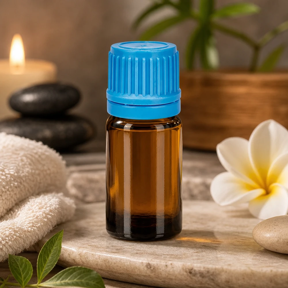 Butelka do aromaterapii 5 ml z brązowego szkła z niebieską nakrętką dla dobrego samopoczucia i relaksu