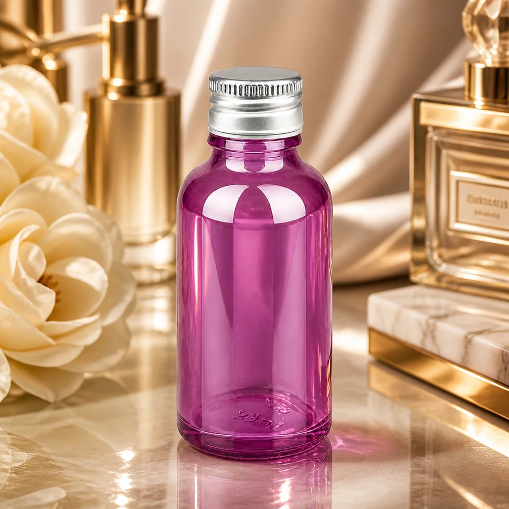 Wysokiej jakości fioletowy szklany flakonik o pojemności 30 ml z wysokiej jakości aluminiową zakrętką na perfumy i serum